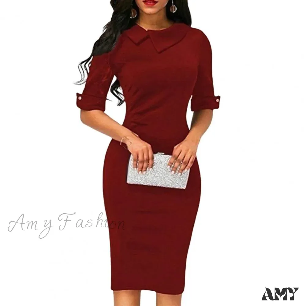 Amy Fashion - Asymmetrical Lapel Half Sleeve Waist Tight High-Waist Dress