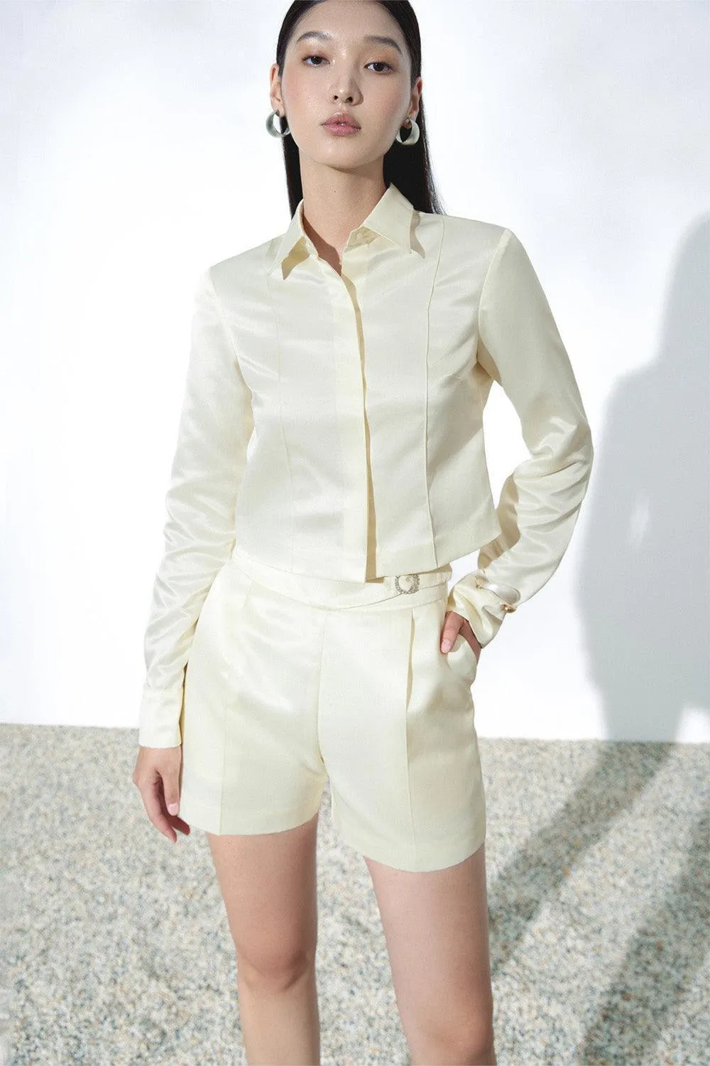 Andrea Straight Side Pocket Taffeta Mini Shorts