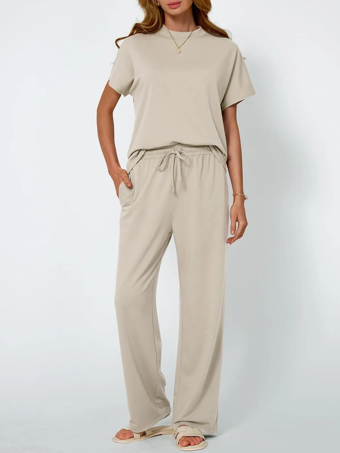 AUTOMET Women's Mock Neck 2 Piece Lounge Set Matching Summer Loose Fit Wide Leg Pants Set