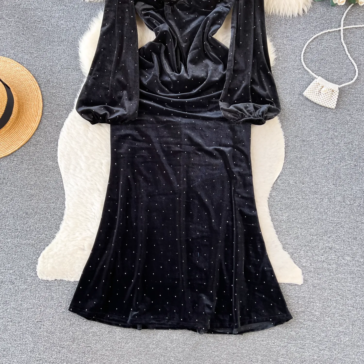 Autumn and Winter Black Velvet Dot French Dress 1878