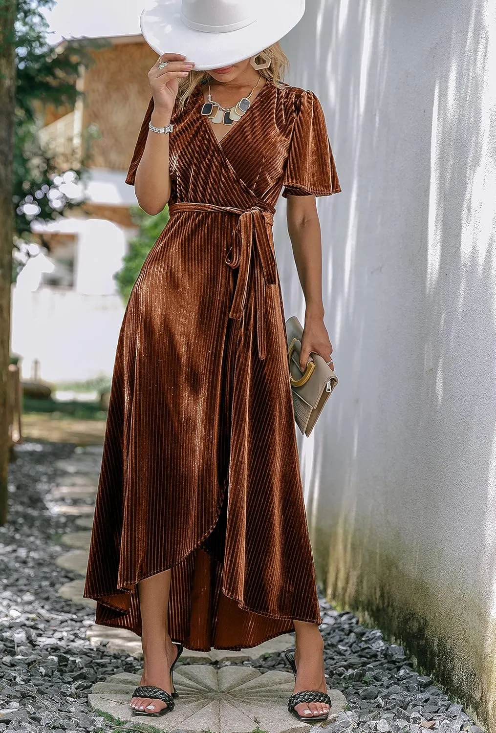 BerryGo Women's Velvet V Neck Wrap Semi Formal Dress Cocktail Party Maxi Dress for Wedding Guest