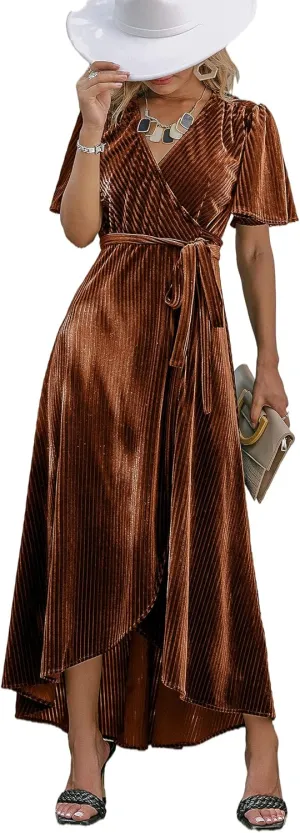 BerryGo Women's Velvet V Neck Wrap Semi Formal Dress Cocktail Party Maxi Dress for Wedding Guest