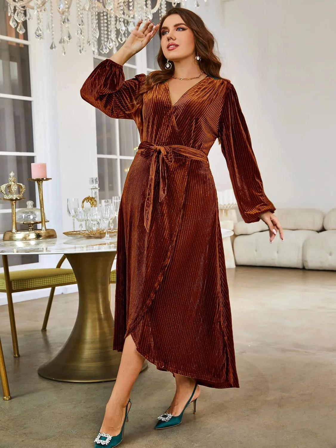 BerryGo Women's Velvet V Neck Wrap Semi Formal Dress Cocktail Party Maxi Dress for Wedding Guest