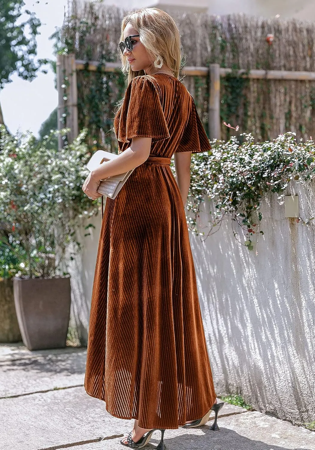 BerryGo Women's Velvet V Neck Wrap Semi Formal Dress Cocktail Party Maxi Dress for Wedding Guest