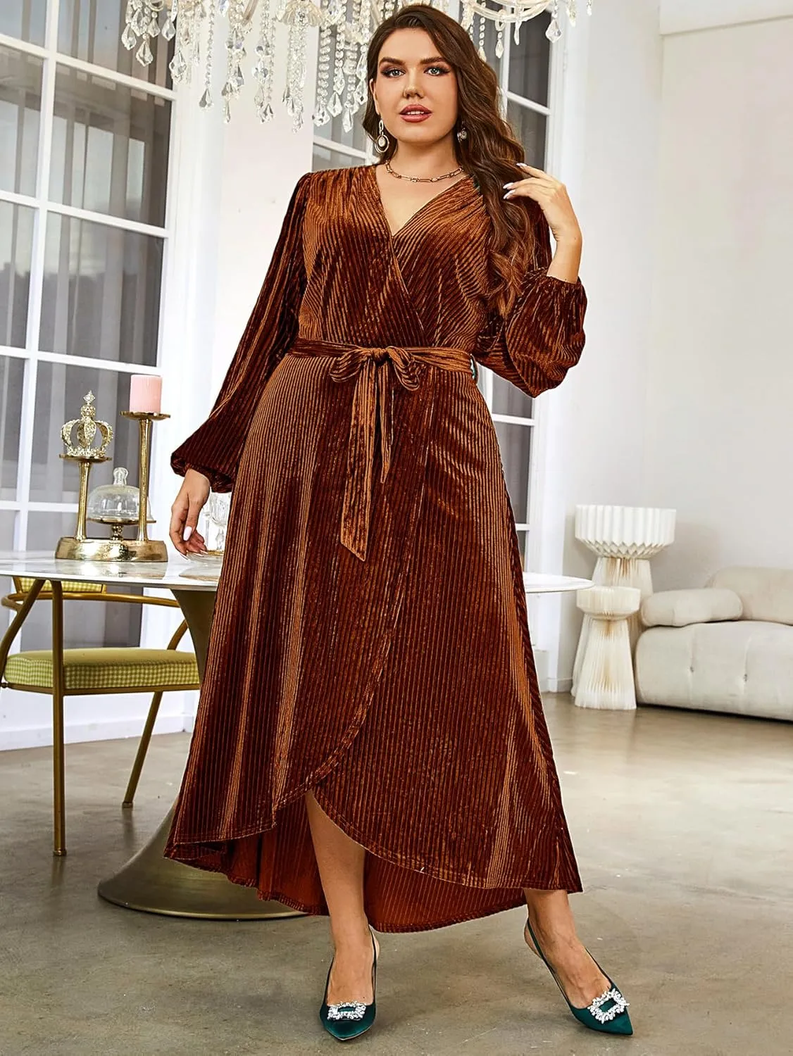 BerryGo Women's Velvet V Neck Wrap Semi Formal Dress Cocktail Party Maxi Dress for Wedding Guest