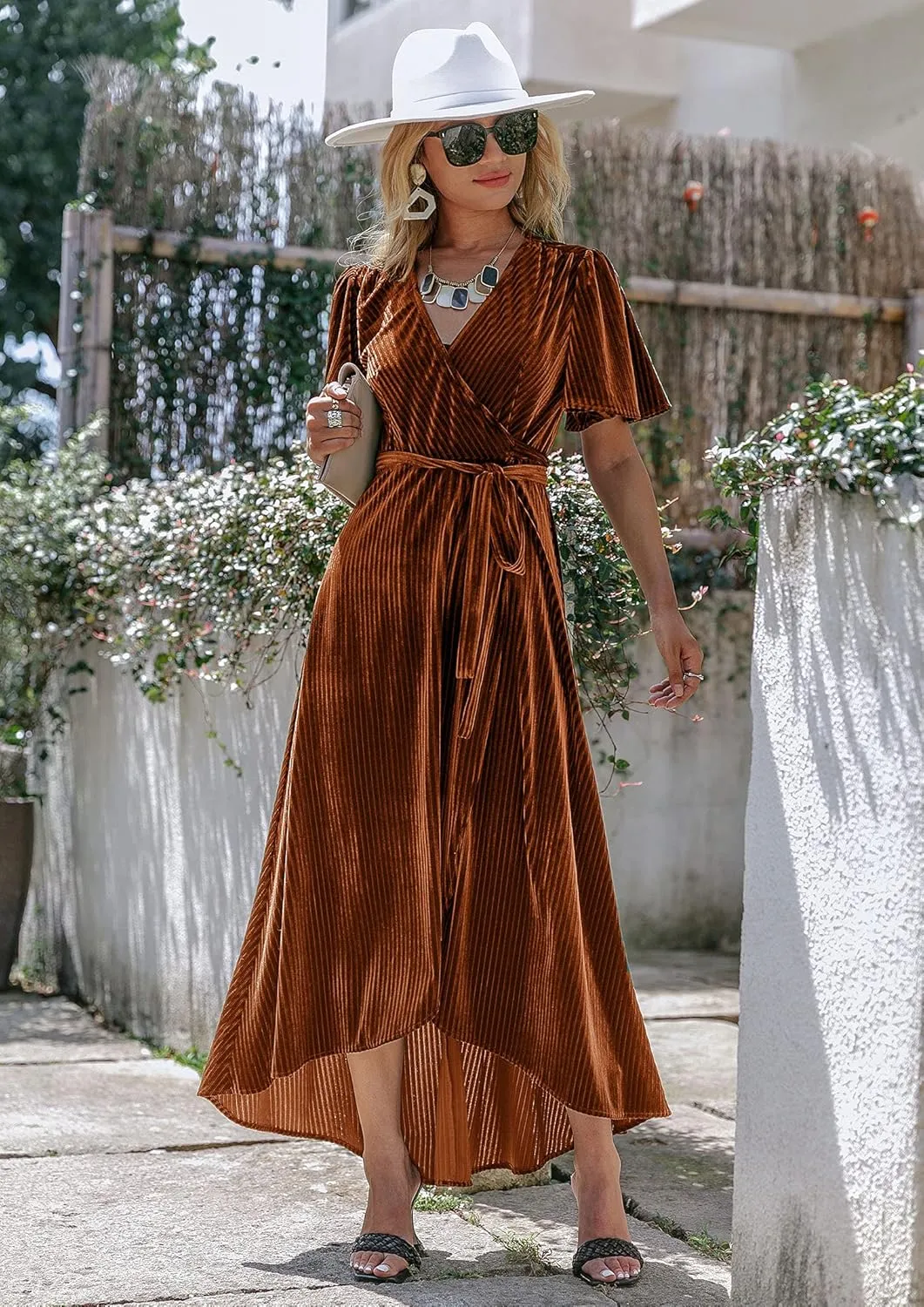 BerryGo Women's Velvet V Neck Wrap Semi Formal Dress Cocktail Party Maxi Dress for Wedding Guest