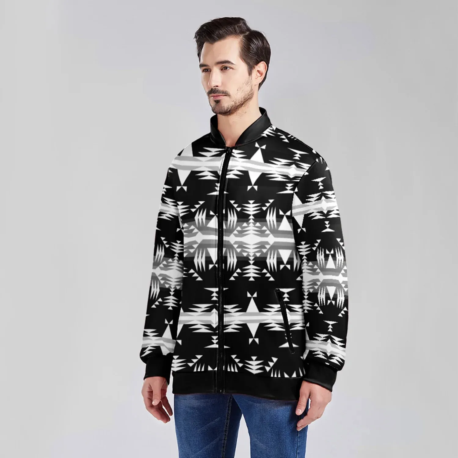Between the Mountains Black and White Youth Zippered Collared Lightweight Jacket