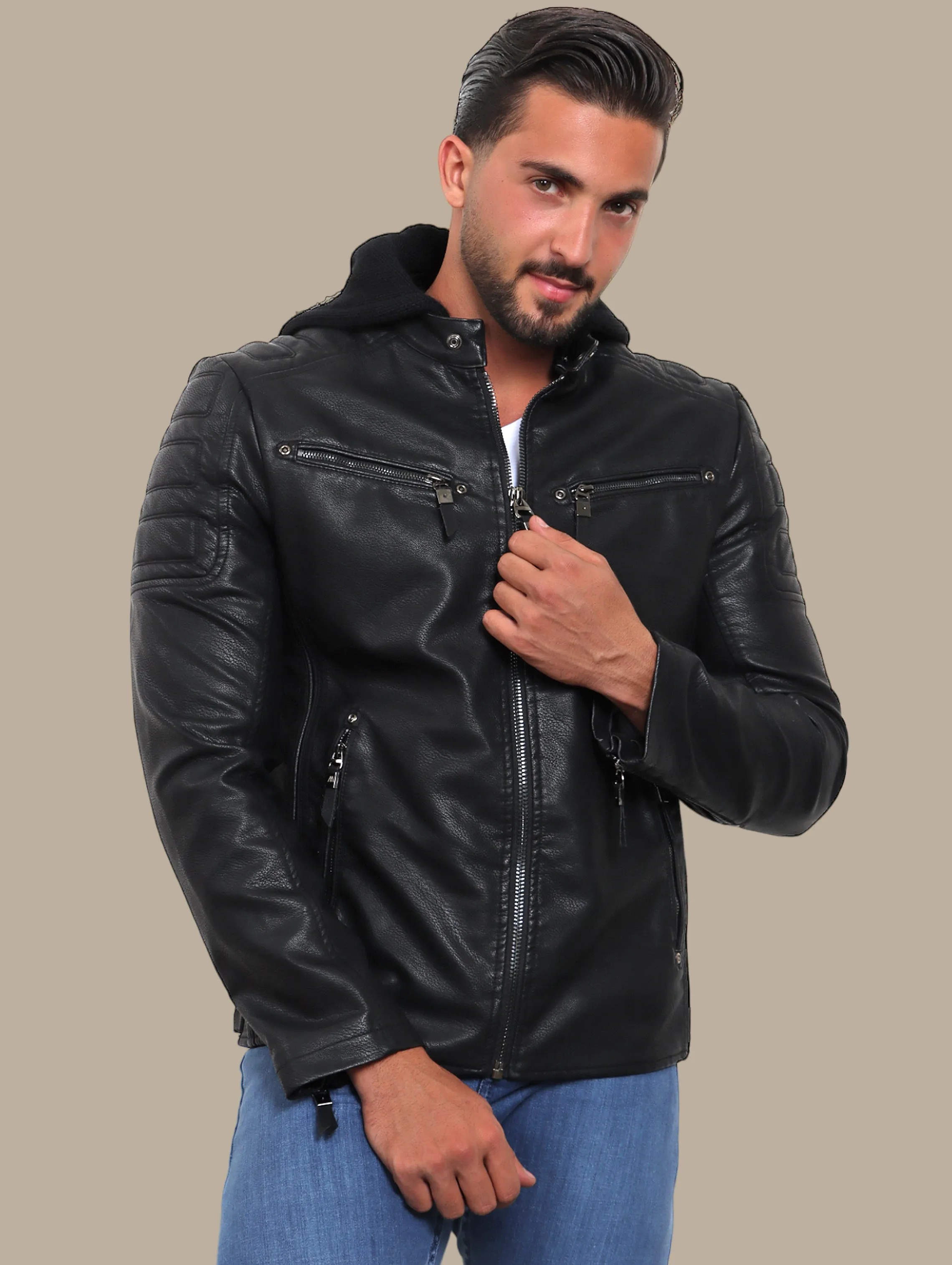 Black Faux Leather Rider Jacket with Detachable Hoodie