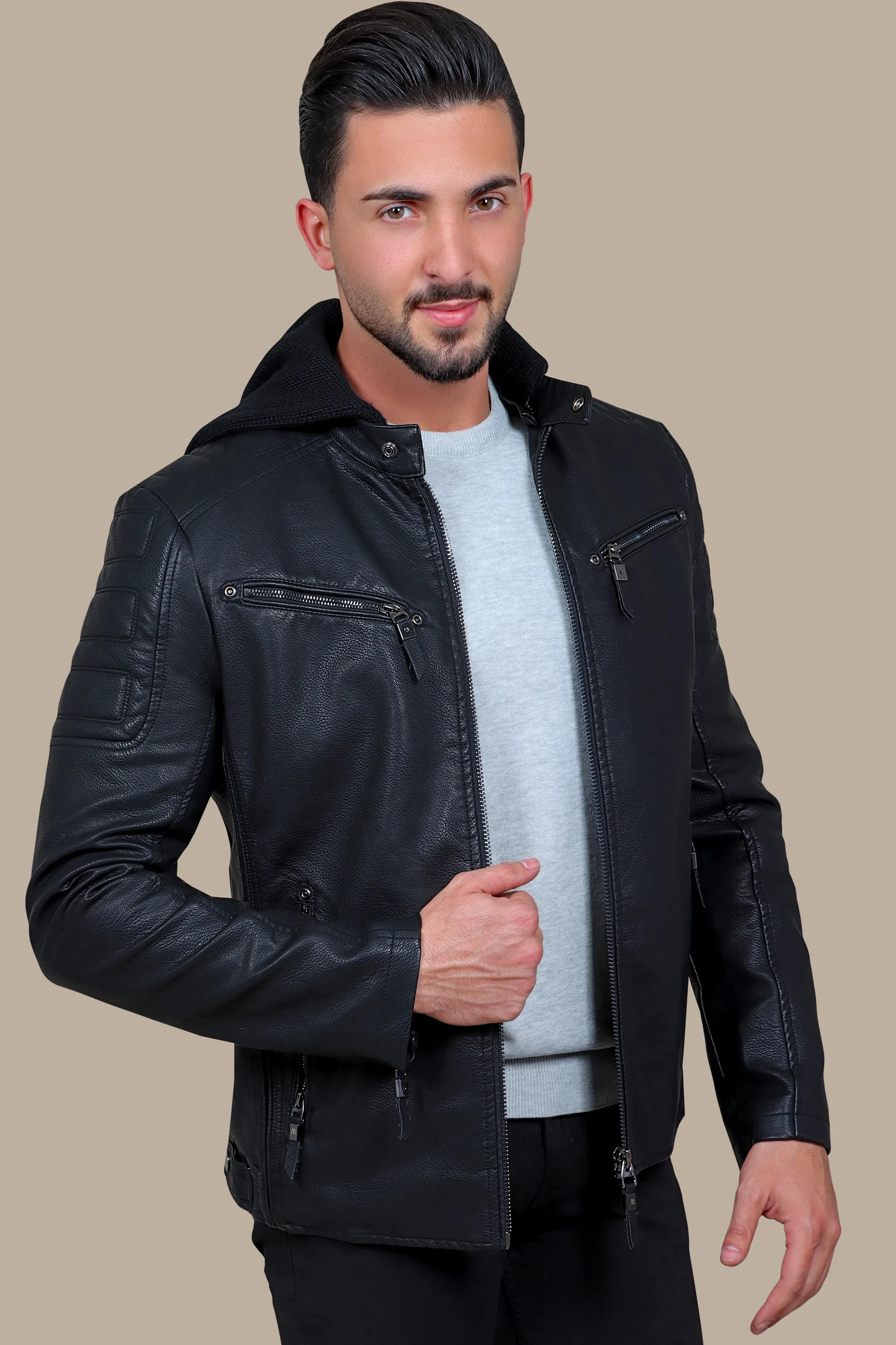 Black Faux Leather Rider Jacket with Detachable Hoodie
