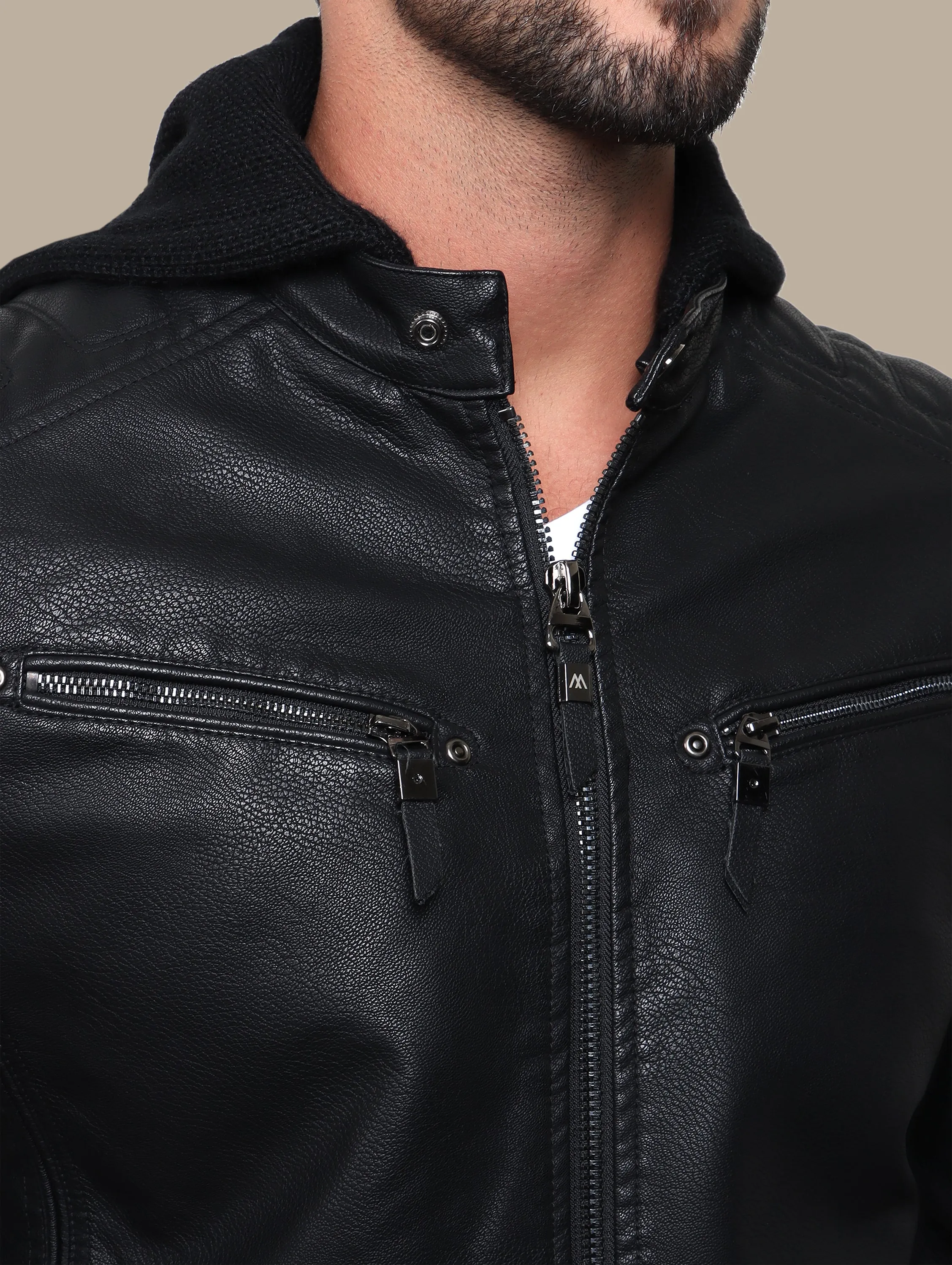 Black Faux Leather Rider Jacket with Detachable Hoodie