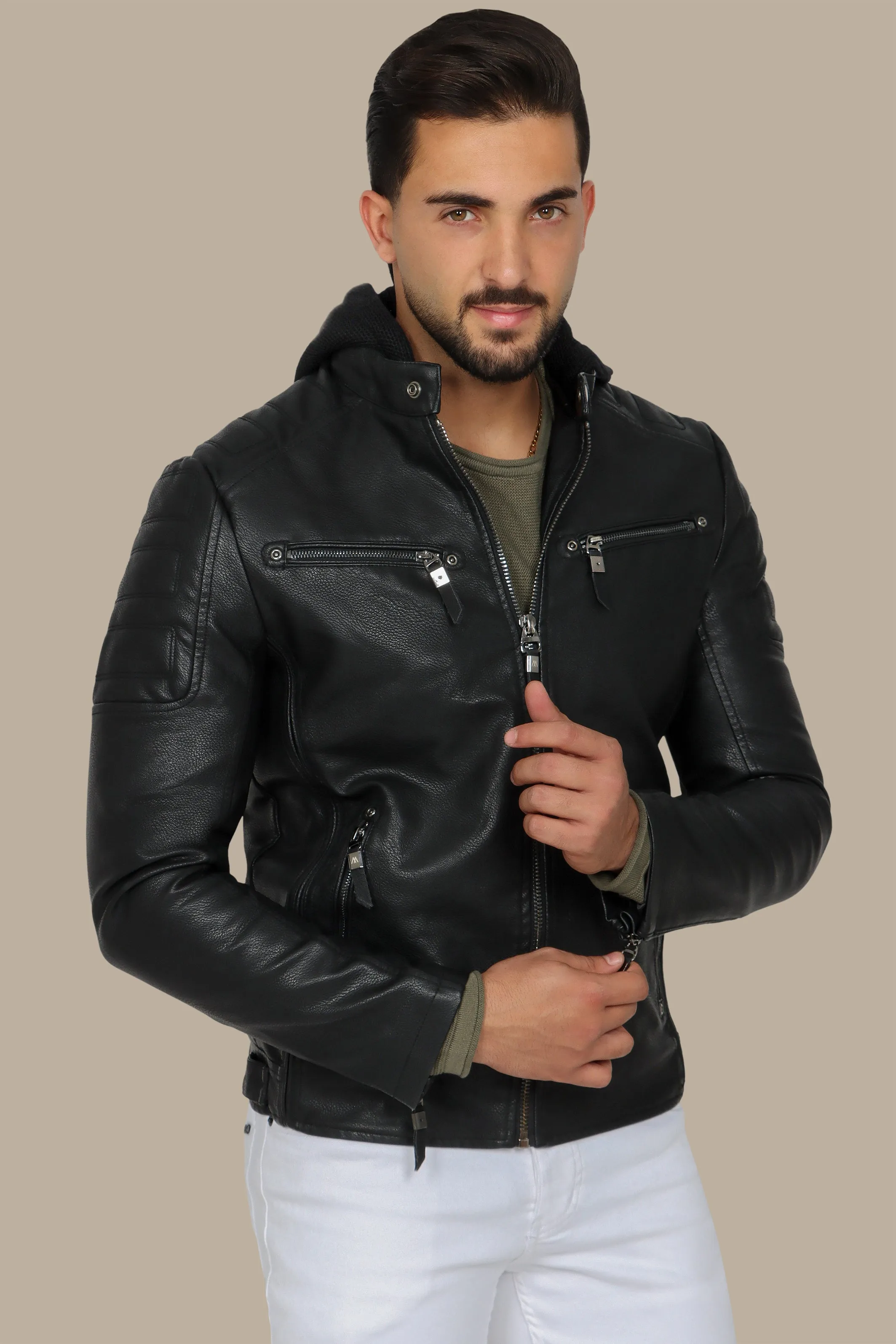 Black Faux Leather Rider Jacket with Detachable Hoodie
