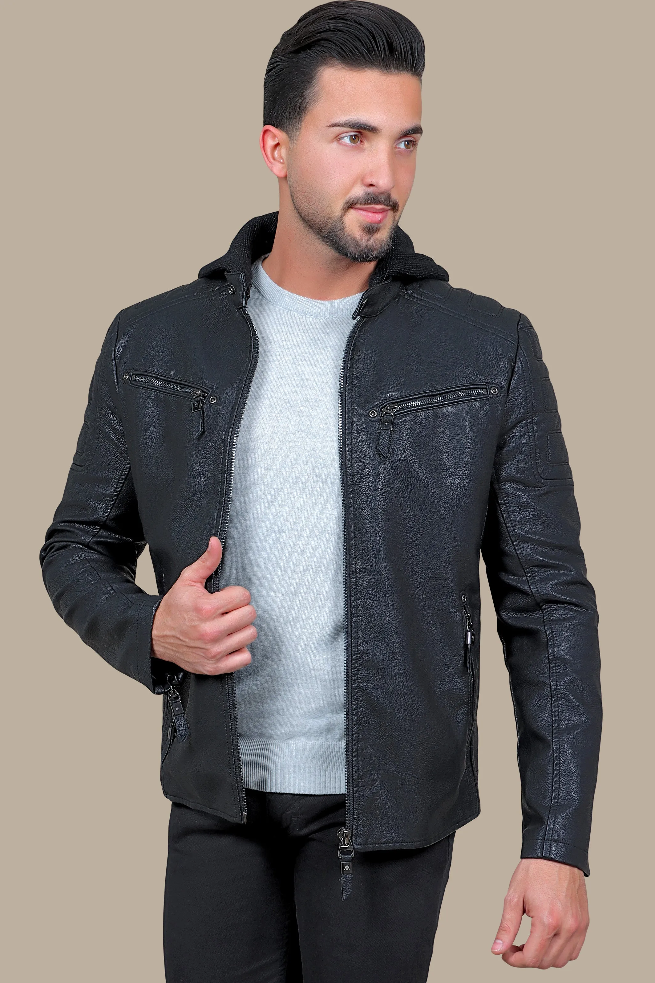 Black Faux Leather Rider Jacket with Detachable Hoodie
