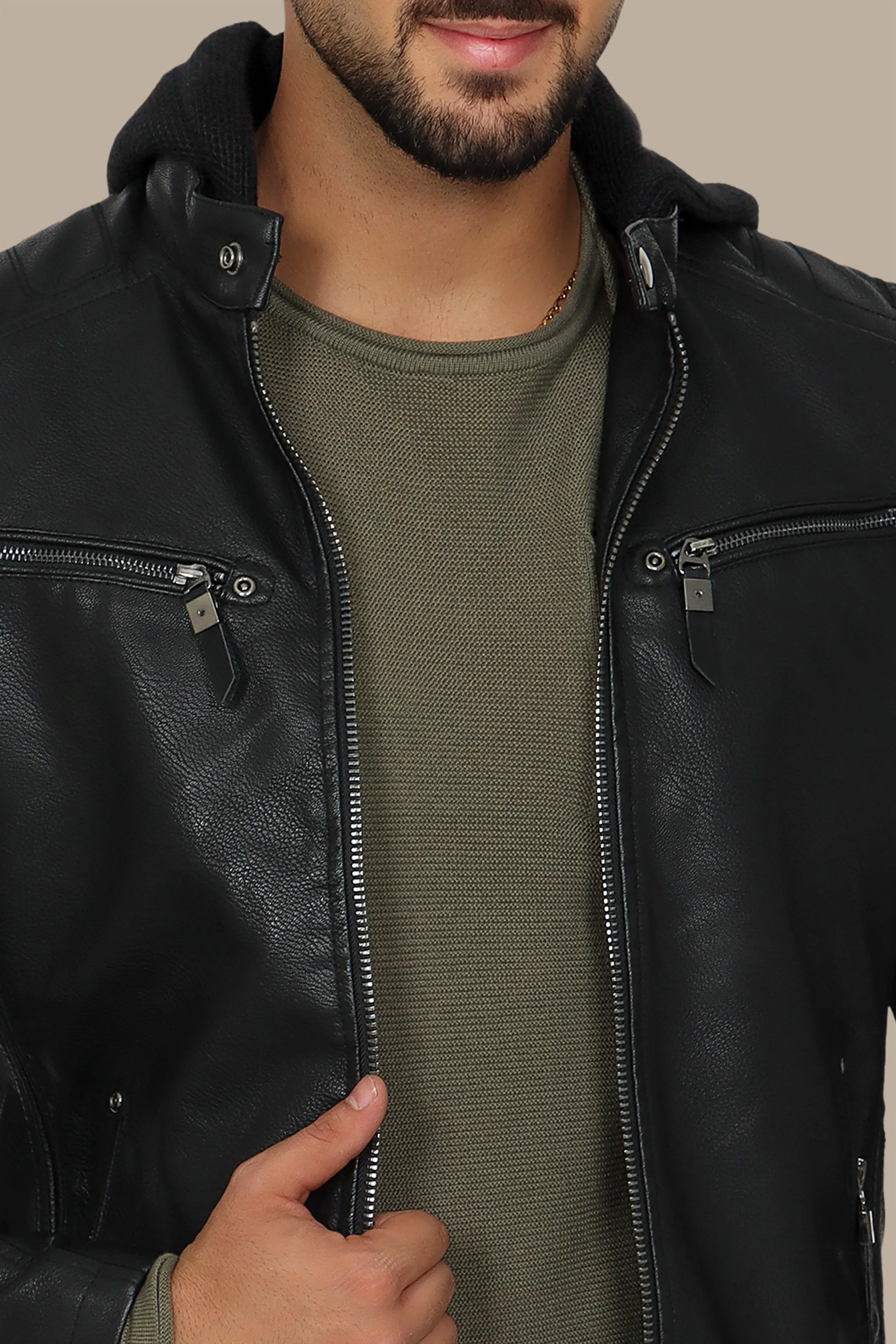 Black Faux Leather Rider Jacket with Detachable Hoodie