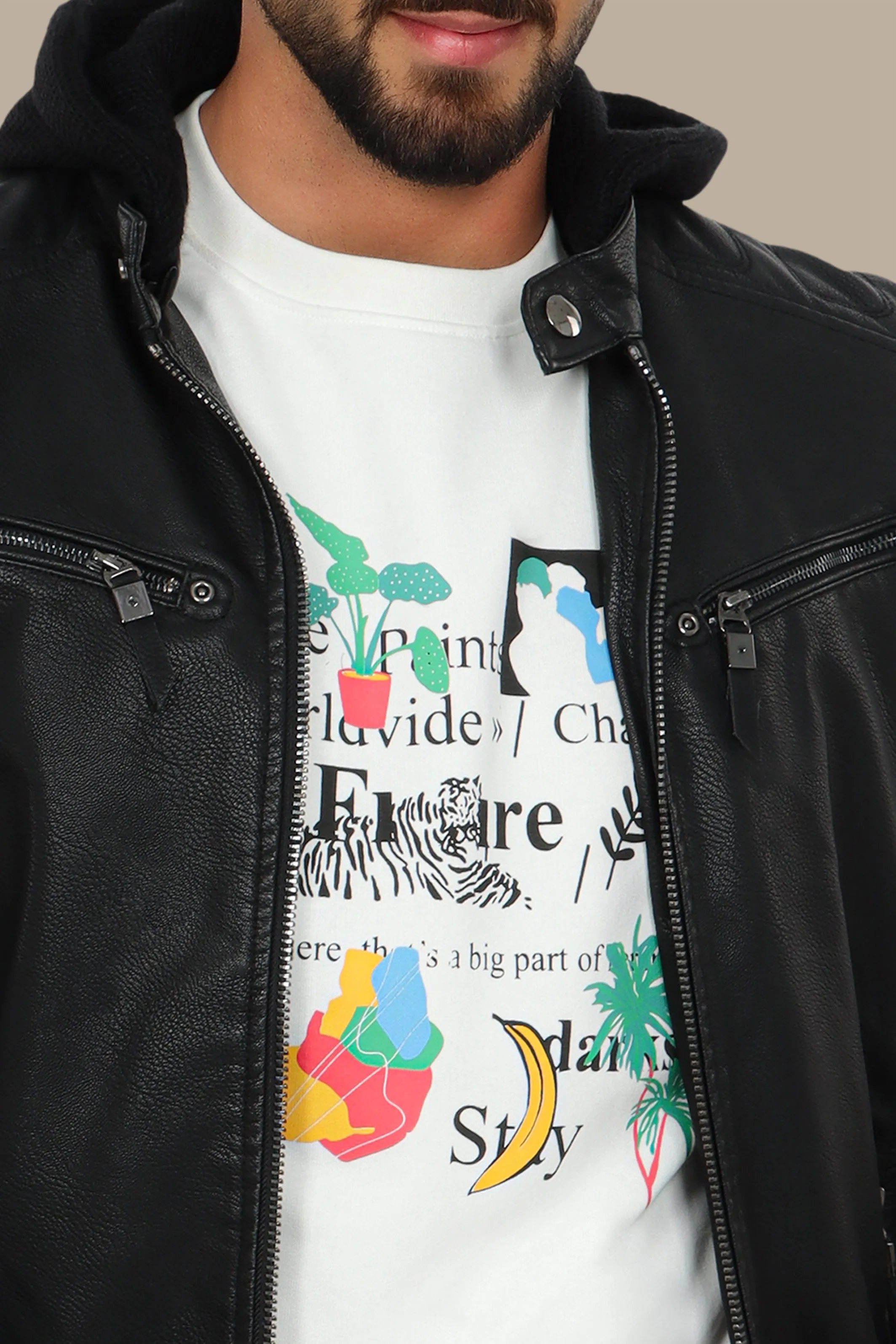 Black Faux Leather Rider Jacket with Detachable Hoodie