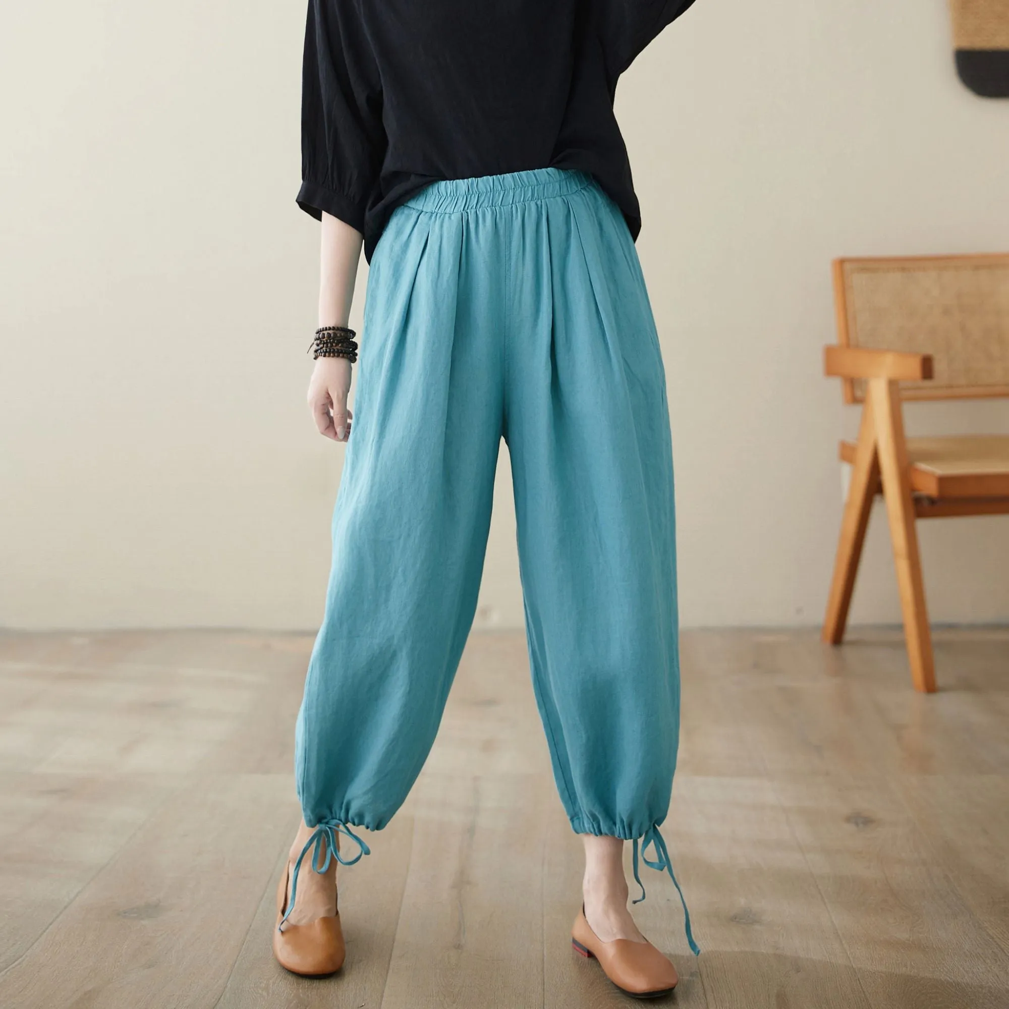 Blue elastic Waist casual linen pants C3965