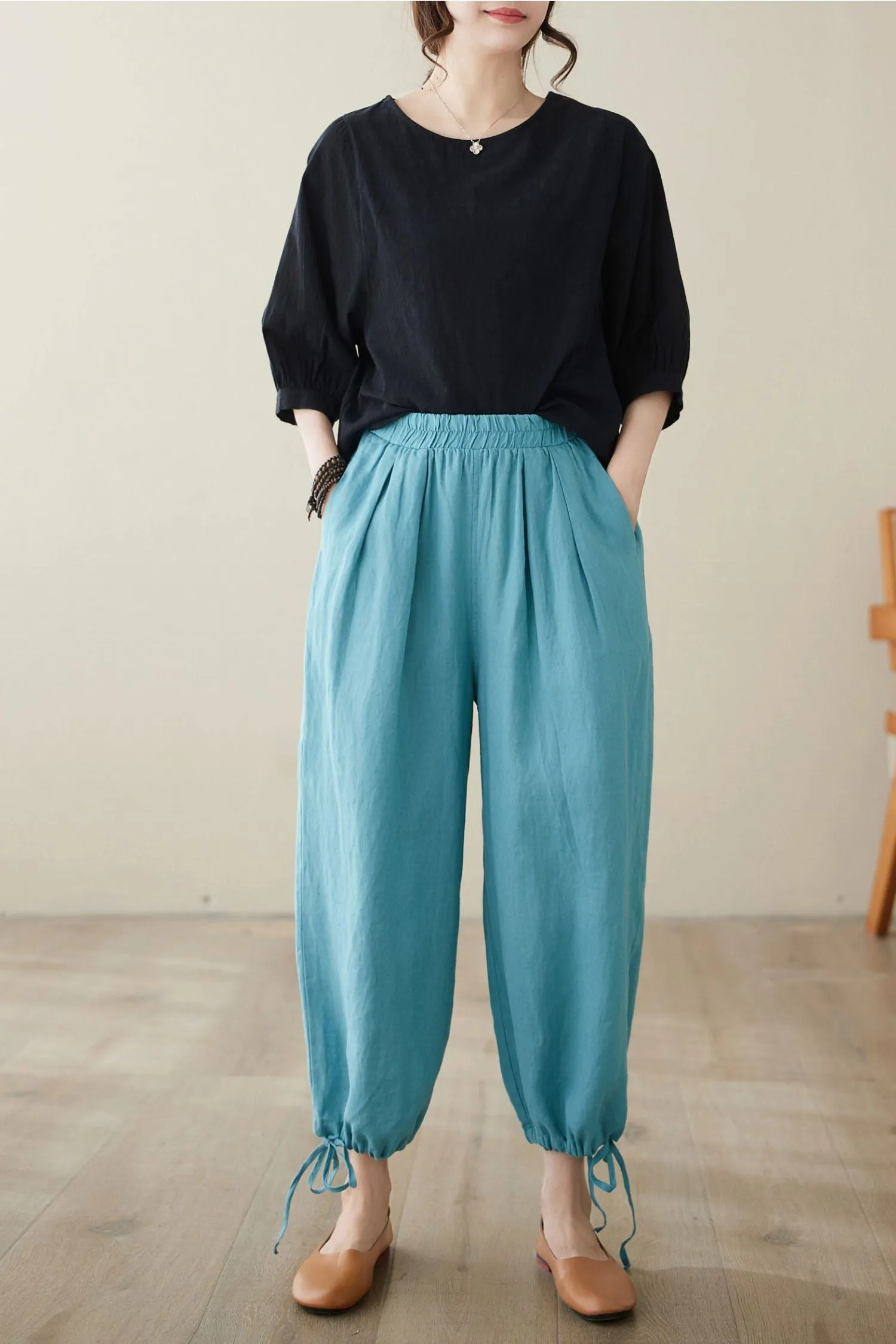 Blue elastic Waist casual linen pants C3965
