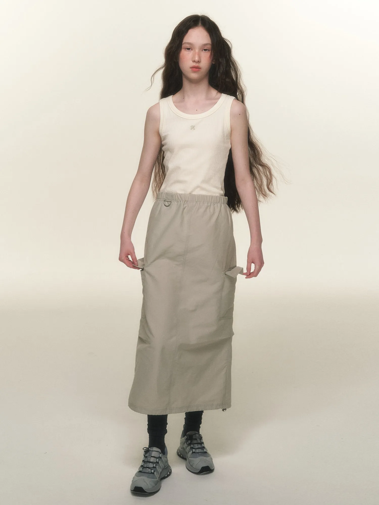 Casual Side-Pocket Natural Long-Skirt