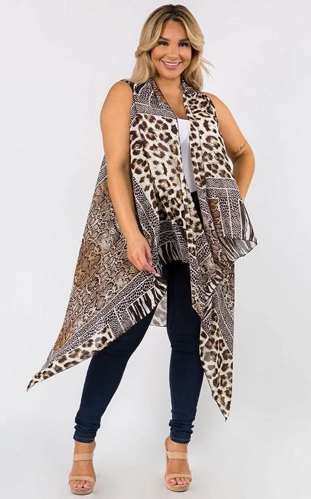 CCFW Women's Plus Size Patterned Asymmetrical Sleeveless Open Front Drape Cardigan Scarf Vest