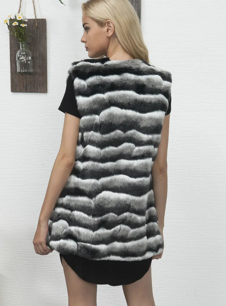Crewneck Waistcoat Stripes Faux Fur Waistcoat Women