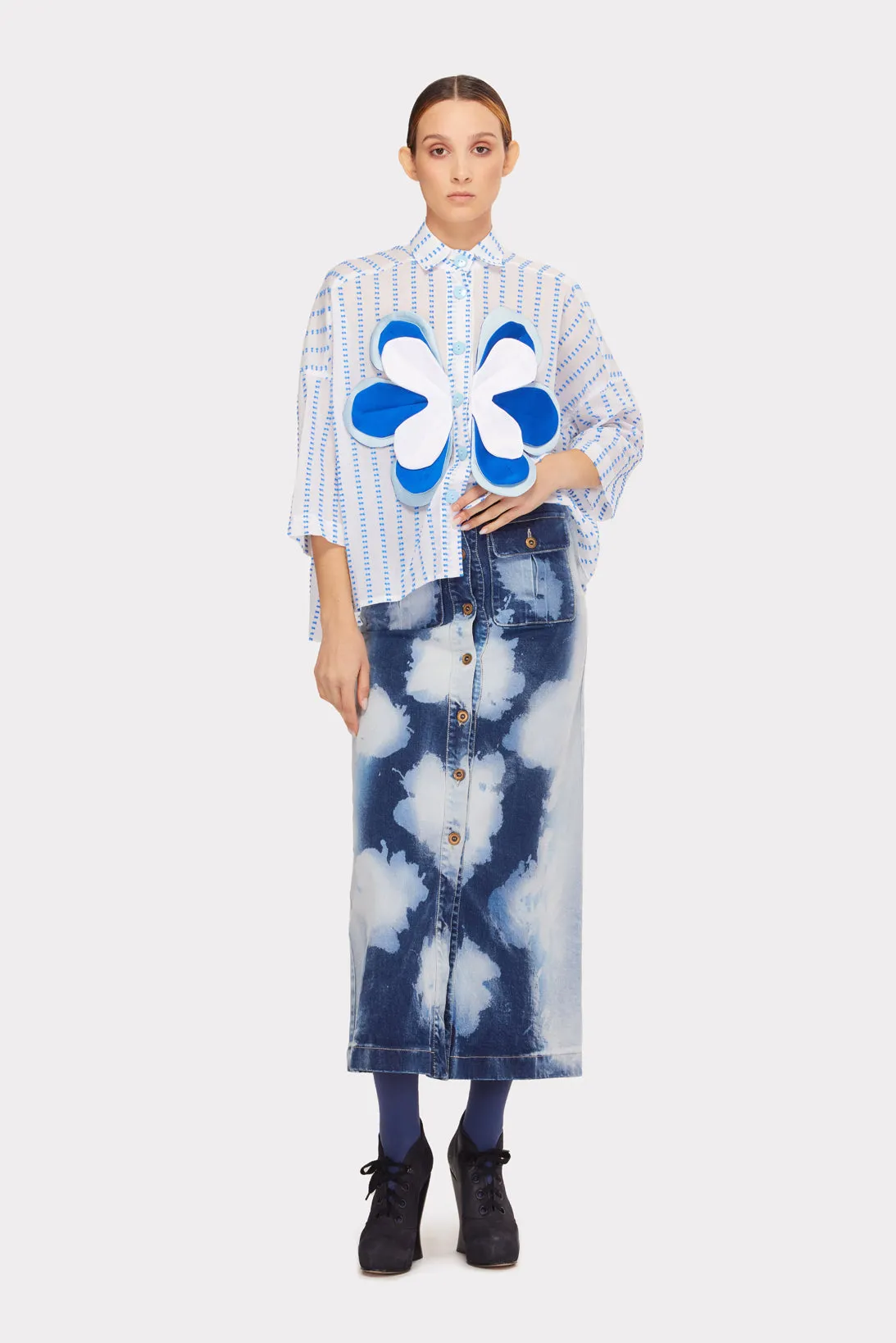 Designer Relaxed Floral Applique Blouse Striped