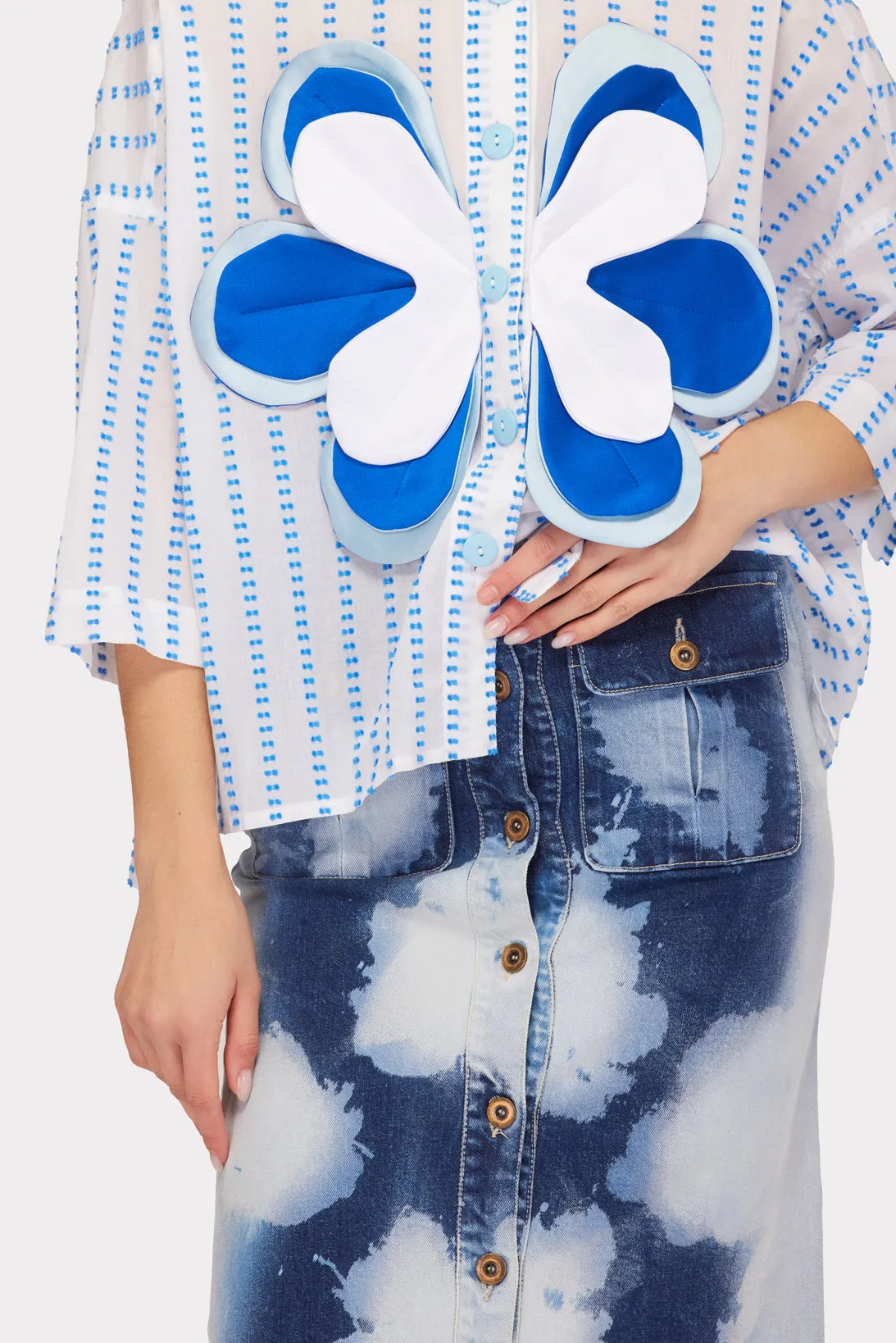Designer Relaxed Floral Applique Blouse Striped