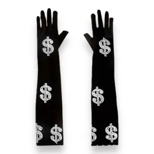 Dollar Sign Rhinestone Nylon Dress Gloves-Black