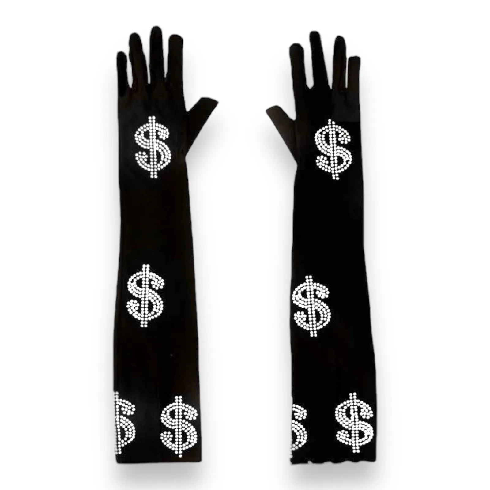 Dollar Sign Rhinestone Nylon Dress Gloves-Black