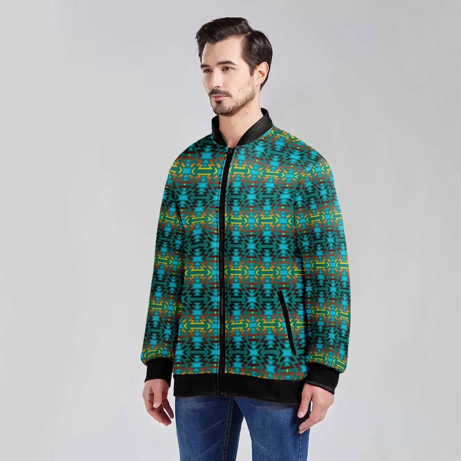 Fire Colors and Turquoise Teal Zippered Collared Lightweight Jacket