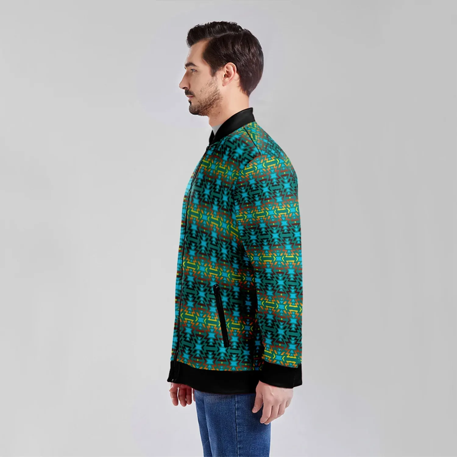Fire Colors and Turquoise Teal Zippered Collared Lightweight Jacket