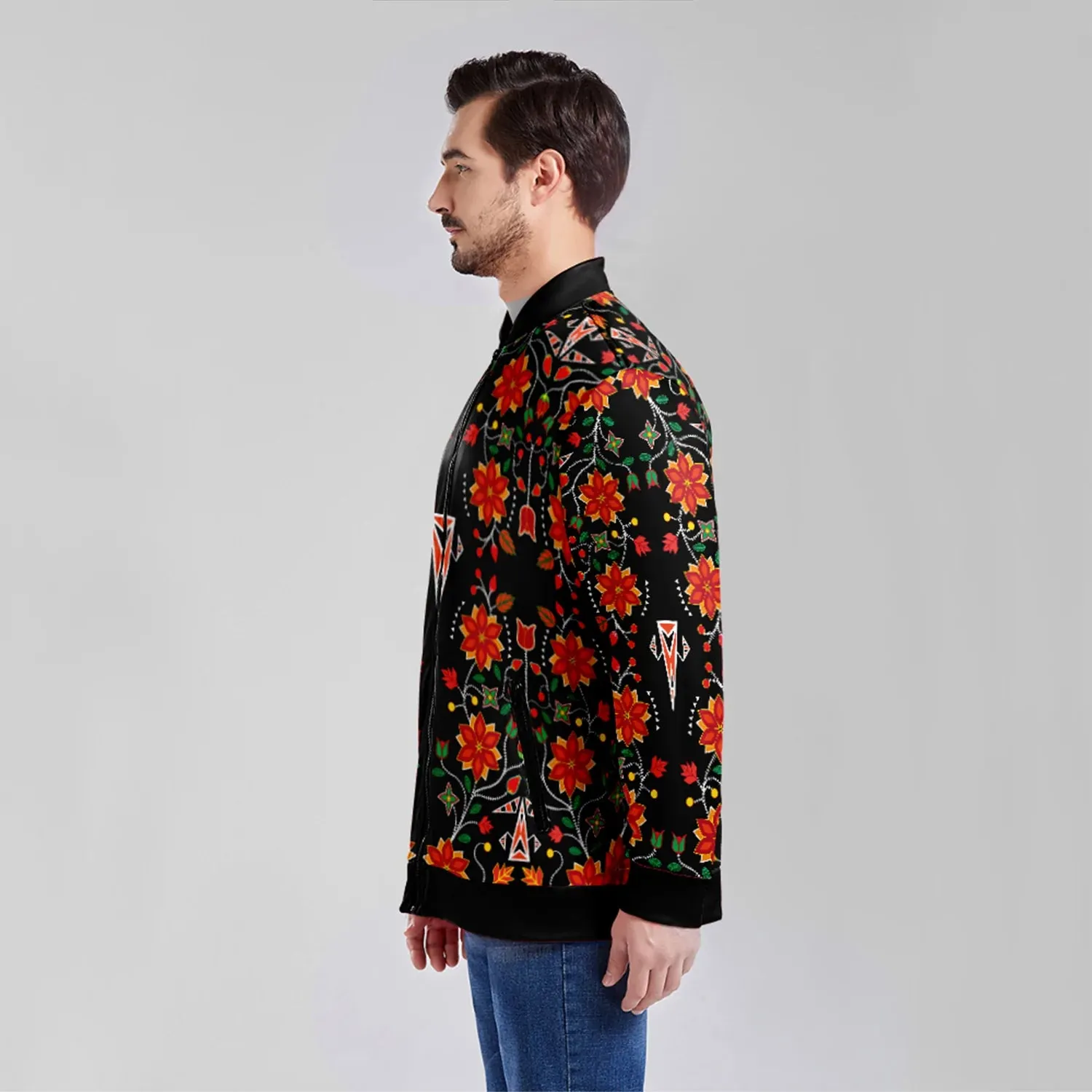 Floral Beadwork Six Bands Youth Zippered Collared Lightweight Jacket