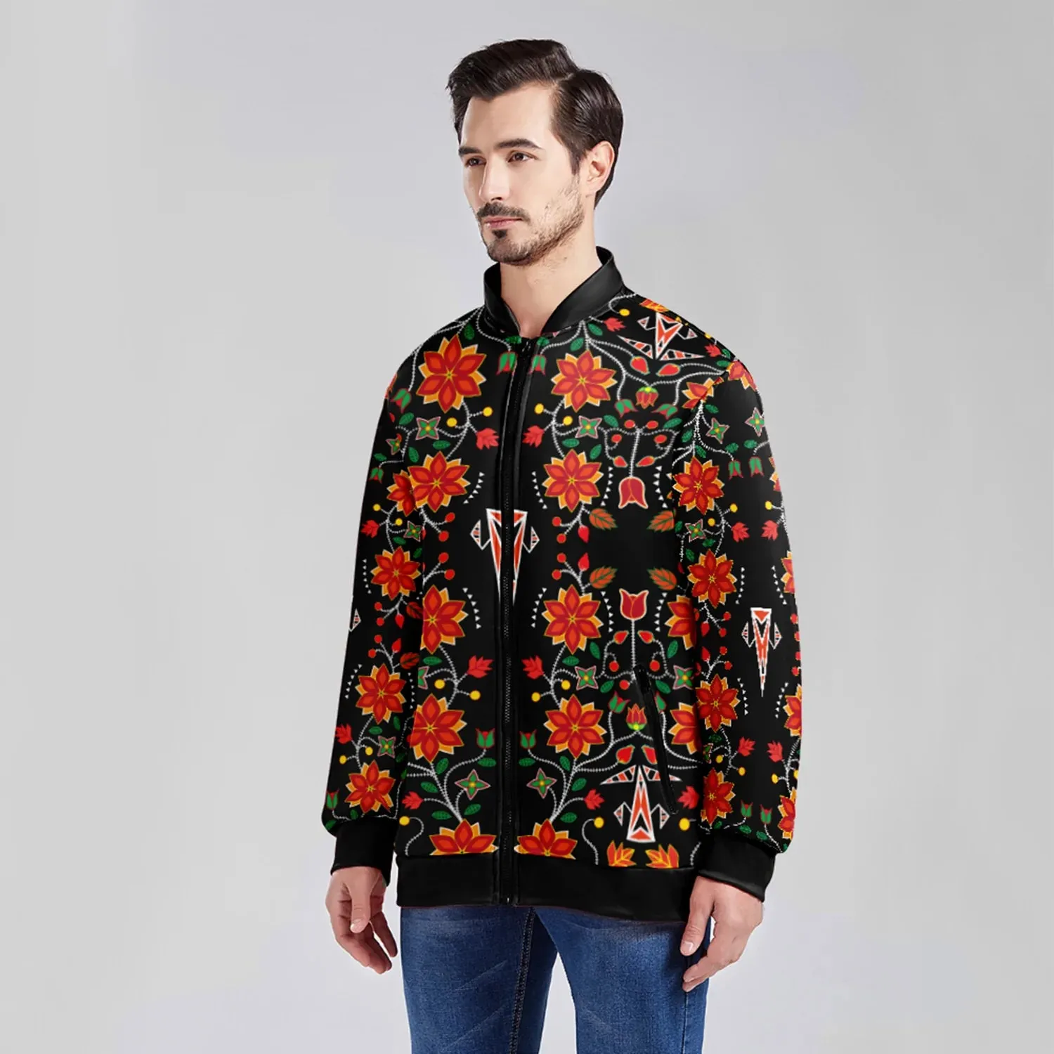 Floral Beadwork Six Bands Youth Zippered Collared Lightweight Jacket