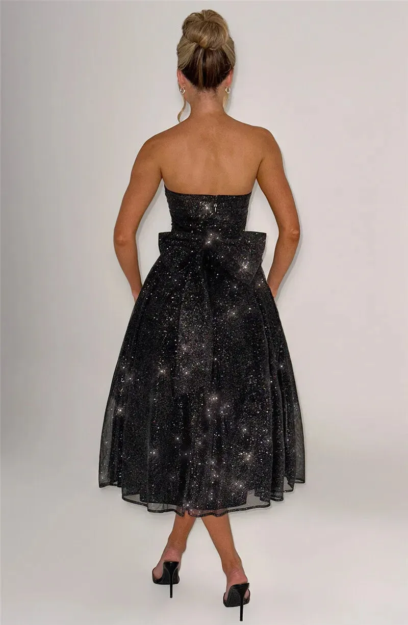 Glitter Midi Dress Strapless with Back Bow Charm