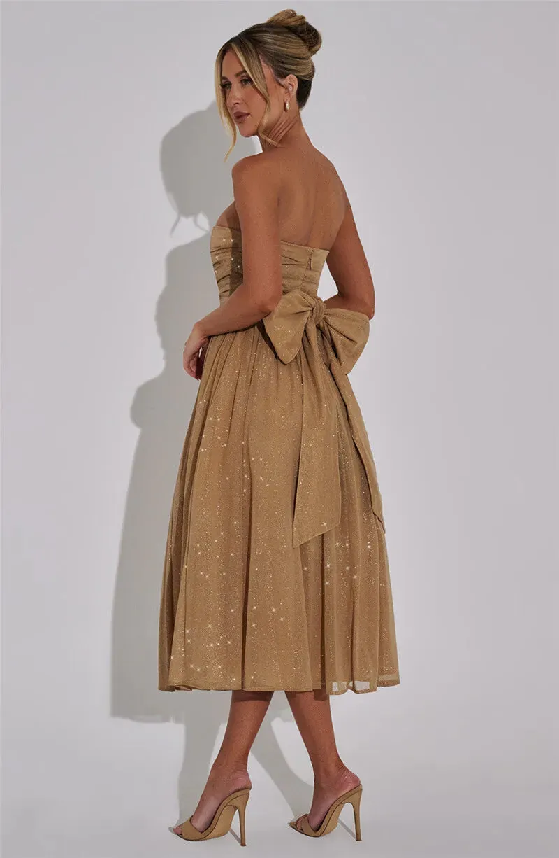 Glitter Midi Dress Strapless with Back Bow Charm