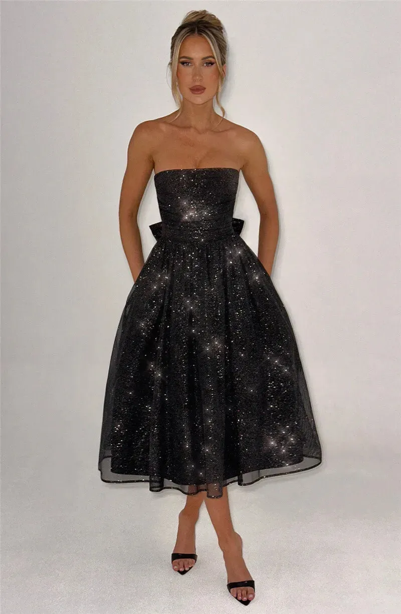 Glitter Midi Dress Strapless with Back Bow Charm