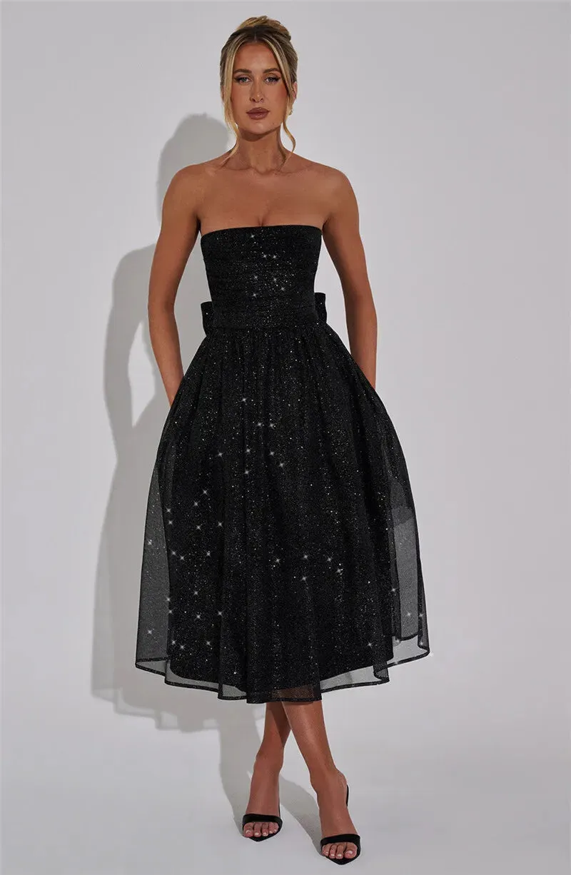 Glitter Midi Dress Strapless with Back Bow Charm