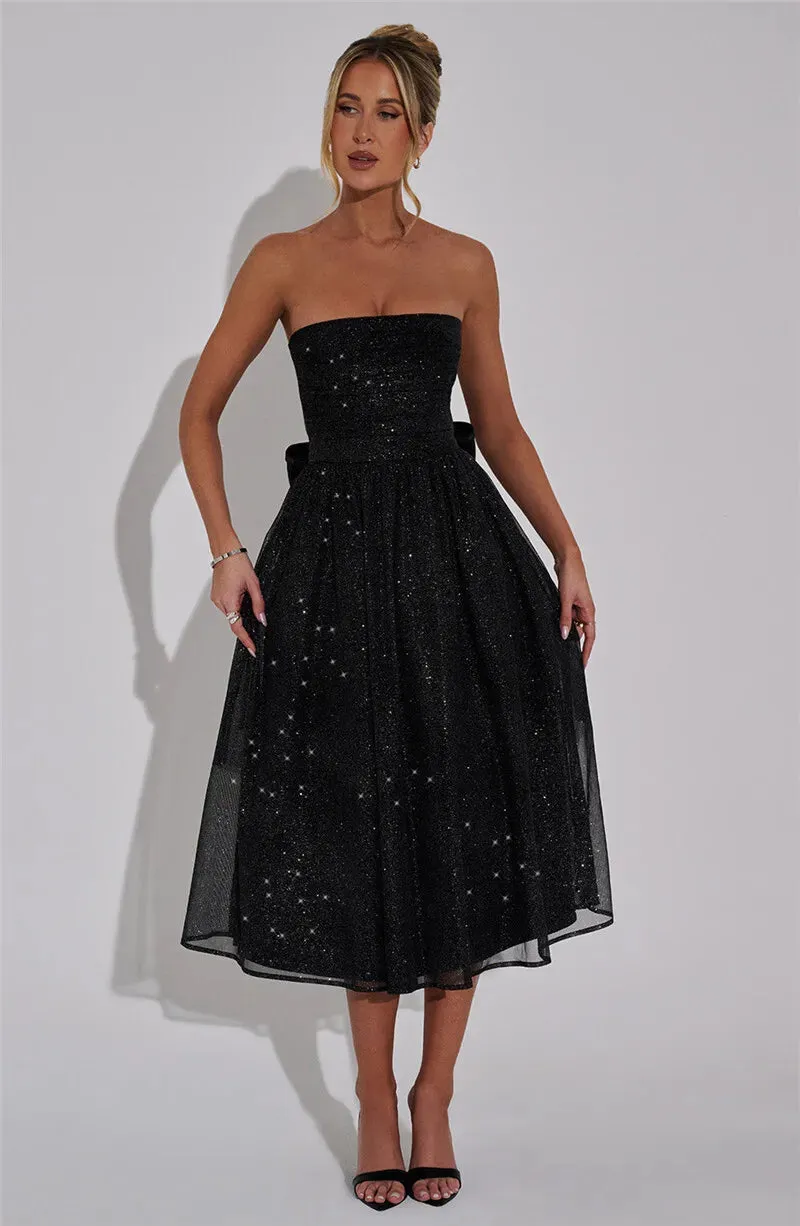Glitter Midi Dress Strapless with Back Bow Charm