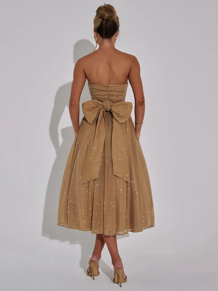 Glitter Midi Dress Strapless with Back Bow Charm