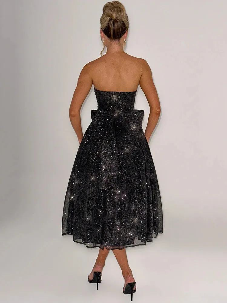 Glitter Midi Dress Strapless with Back Bow Charm