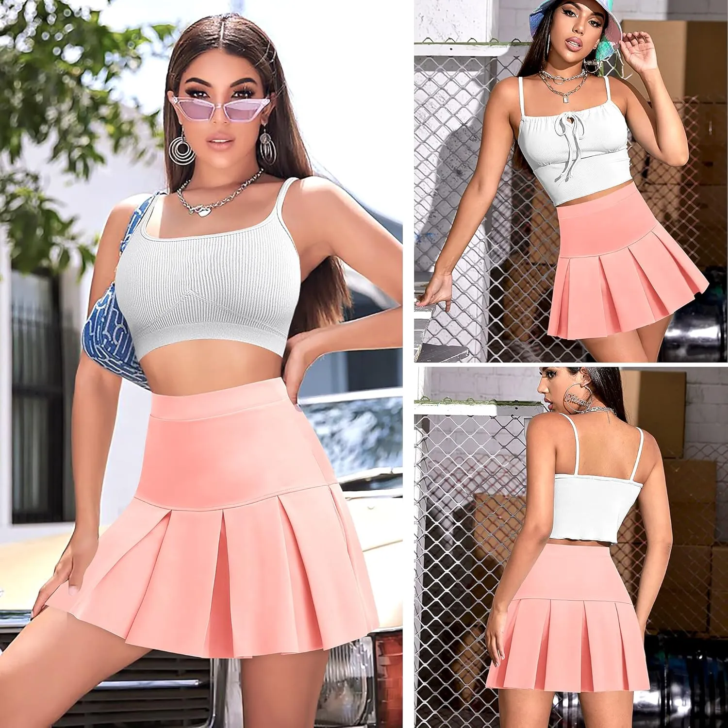 High Waisted Pleated Skirts for Women Skater Tennis Skirt with Shorts Pockets Mini A-Line Skirt