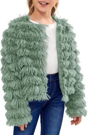 Inorin Girls Open Front Cardigan Faux Fur Coat Warm Fuzzy Trendy Winter Vintage Parka Shaggy Party Outerwear Jackets Tops