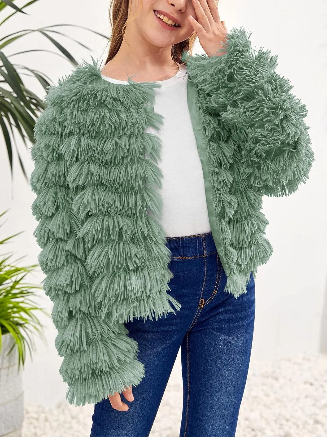Inorin Girls Open Front Cardigan Faux Fur Coat Warm Fuzzy Trendy Winter Vintage Parka Shaggy Party Outerwear Jackets Tops