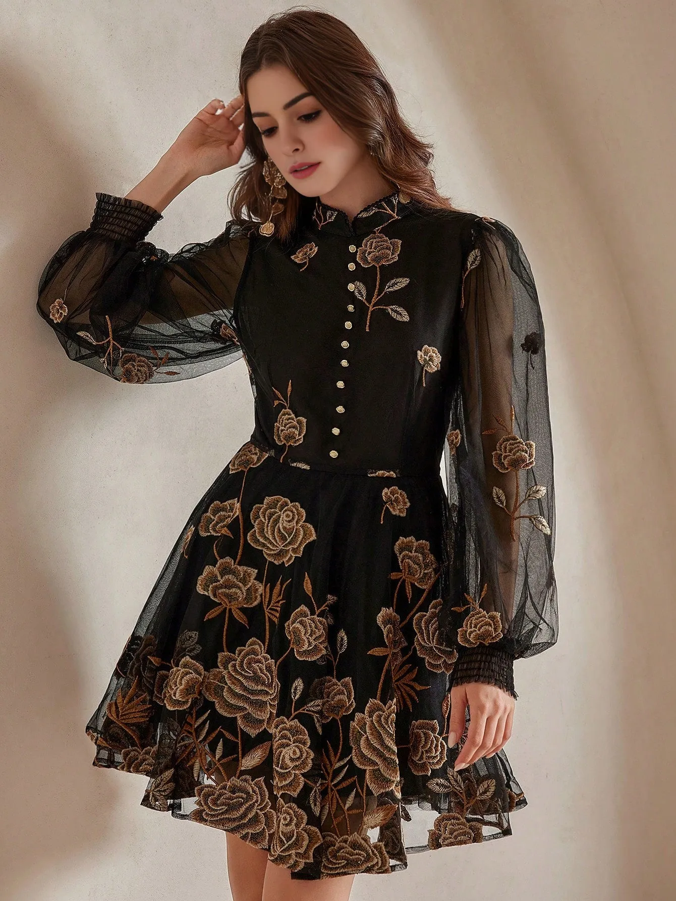 Isabella Elastic Waist Mesh Floral Embroidery Elegant Dress