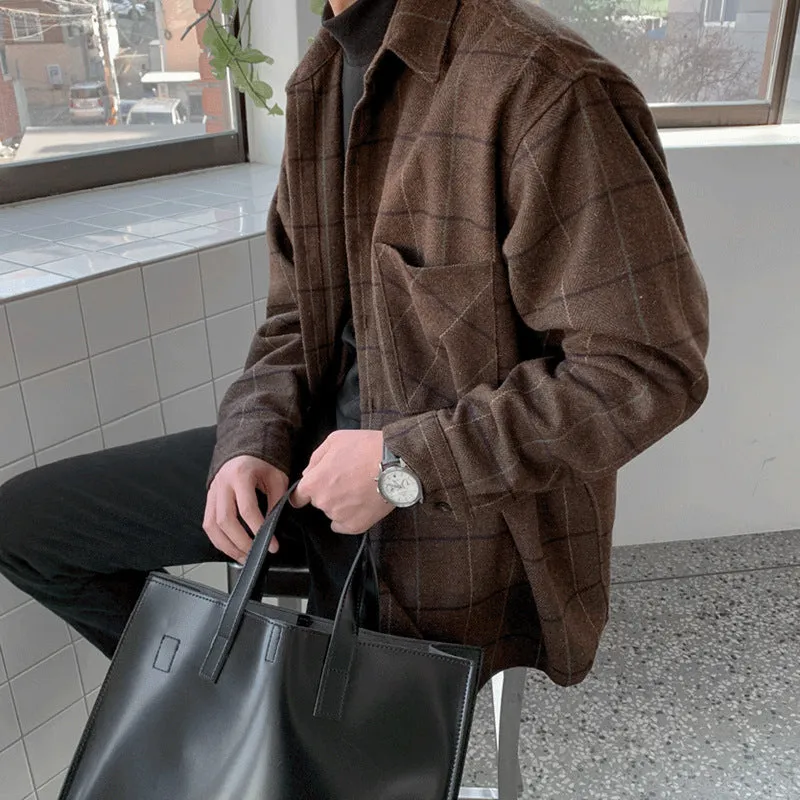 Jinquedai fall fits men Winter Thickened Woolen Plaid Shirt Men's Casual Loose Korean Woolen Long Sleeve Shirt Warm Coat