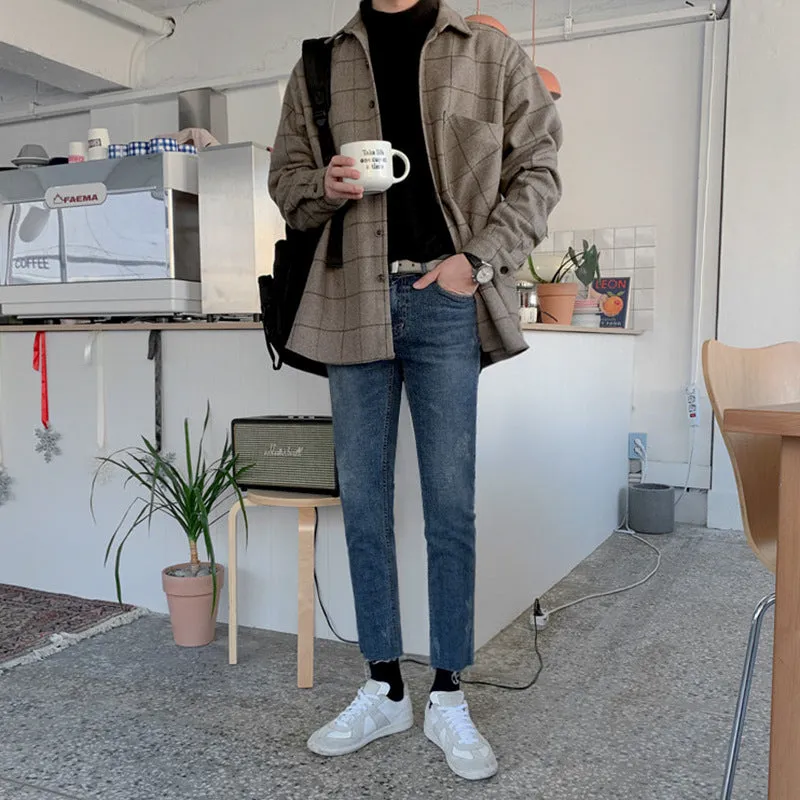 Jinquedai fall fits men Winter Thickened Woolen Plaid Shirt Men's Casual Loose Korean Woolen Long Sleeve Shirt Warm Coat