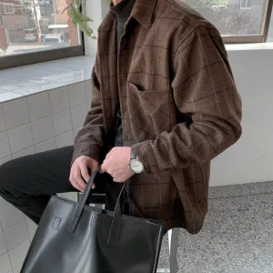 Jinquedai fall fits men Winter Thickened Woolen Plaid Shirt Men's Casual Loose Korean Woolen Long Sleeve Shirt Warm Coat