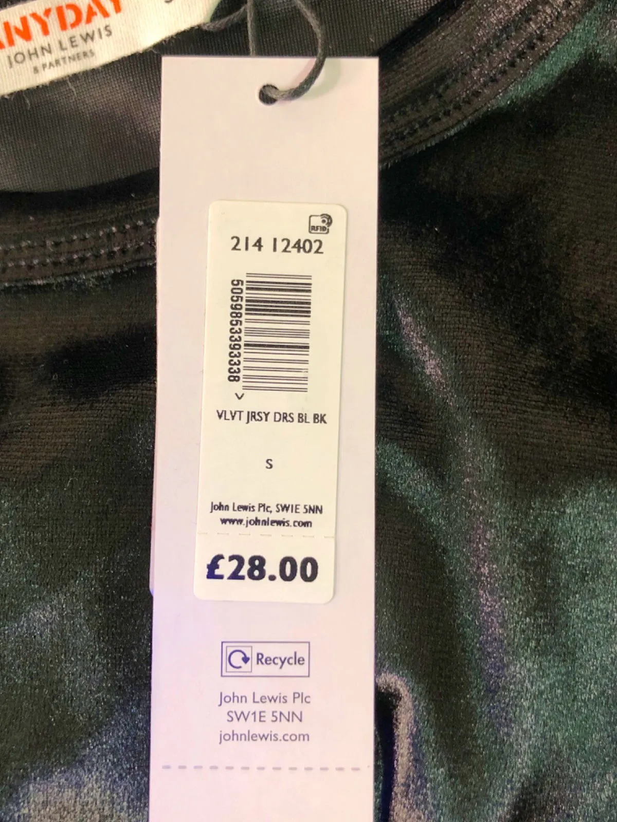 John Lewis Black Velvet Jersey Dress UK S