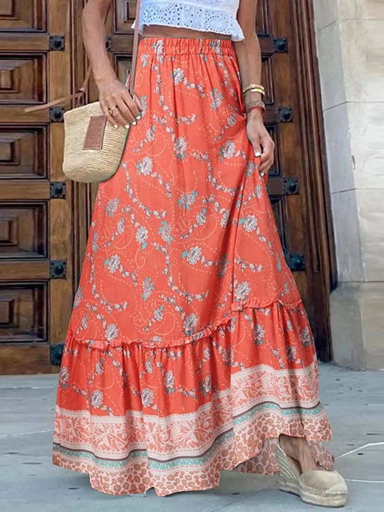 JuliaFashion - JuliaFashion-Bohemian Elastic Waist Long Floral Print Maxi Skirt