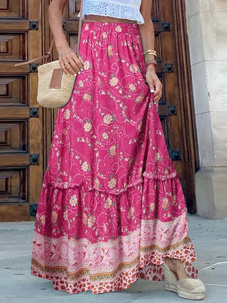 JuliaFashion - JuliaFashion-Bohemian Elastic Waist Long Floral Print Maxi Skirt