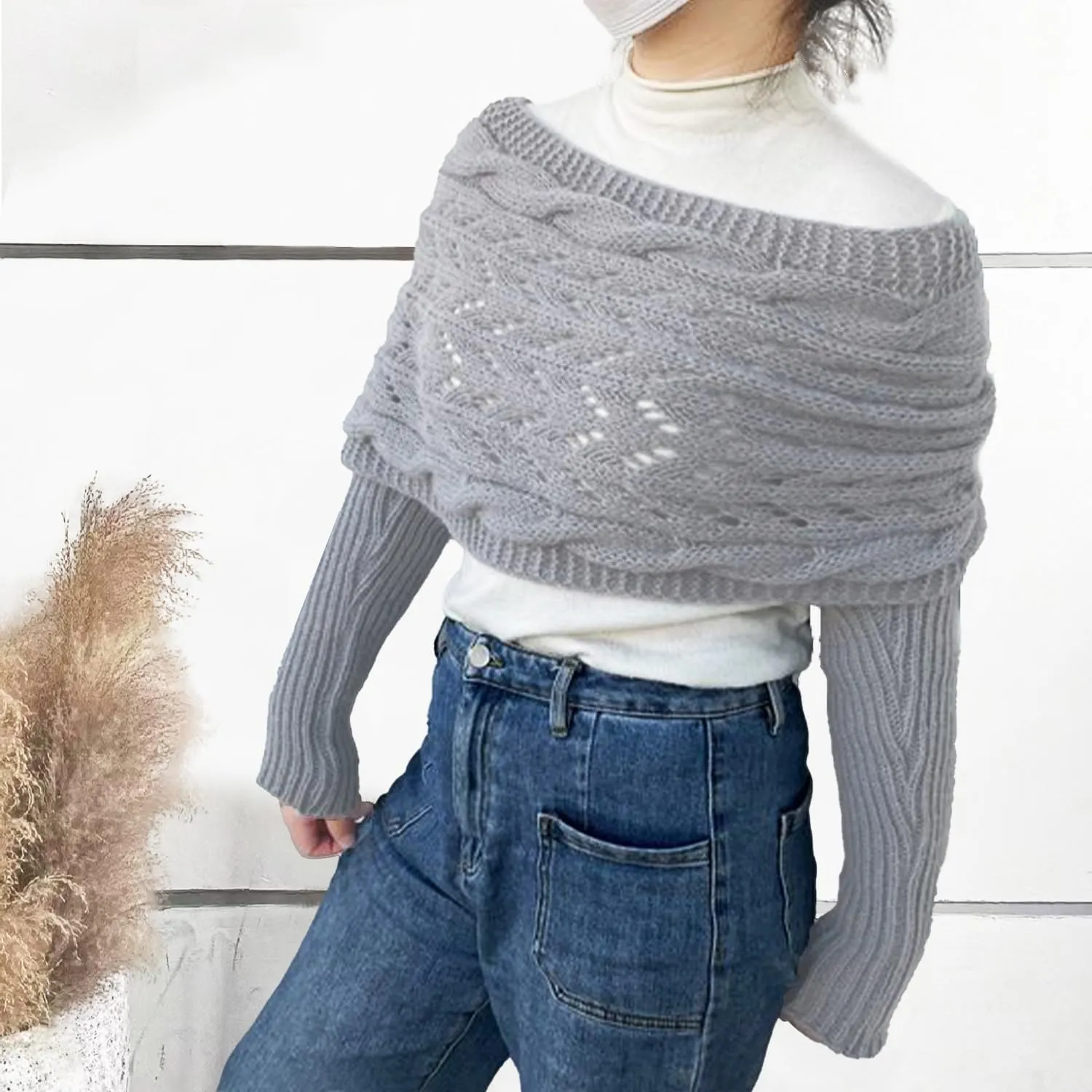 Knitted Cable Wrap,Shrugs for Women,Knitted Wrap,Scarf with Sleeves for Women,Sweater Scarf with Sleeves(Black)