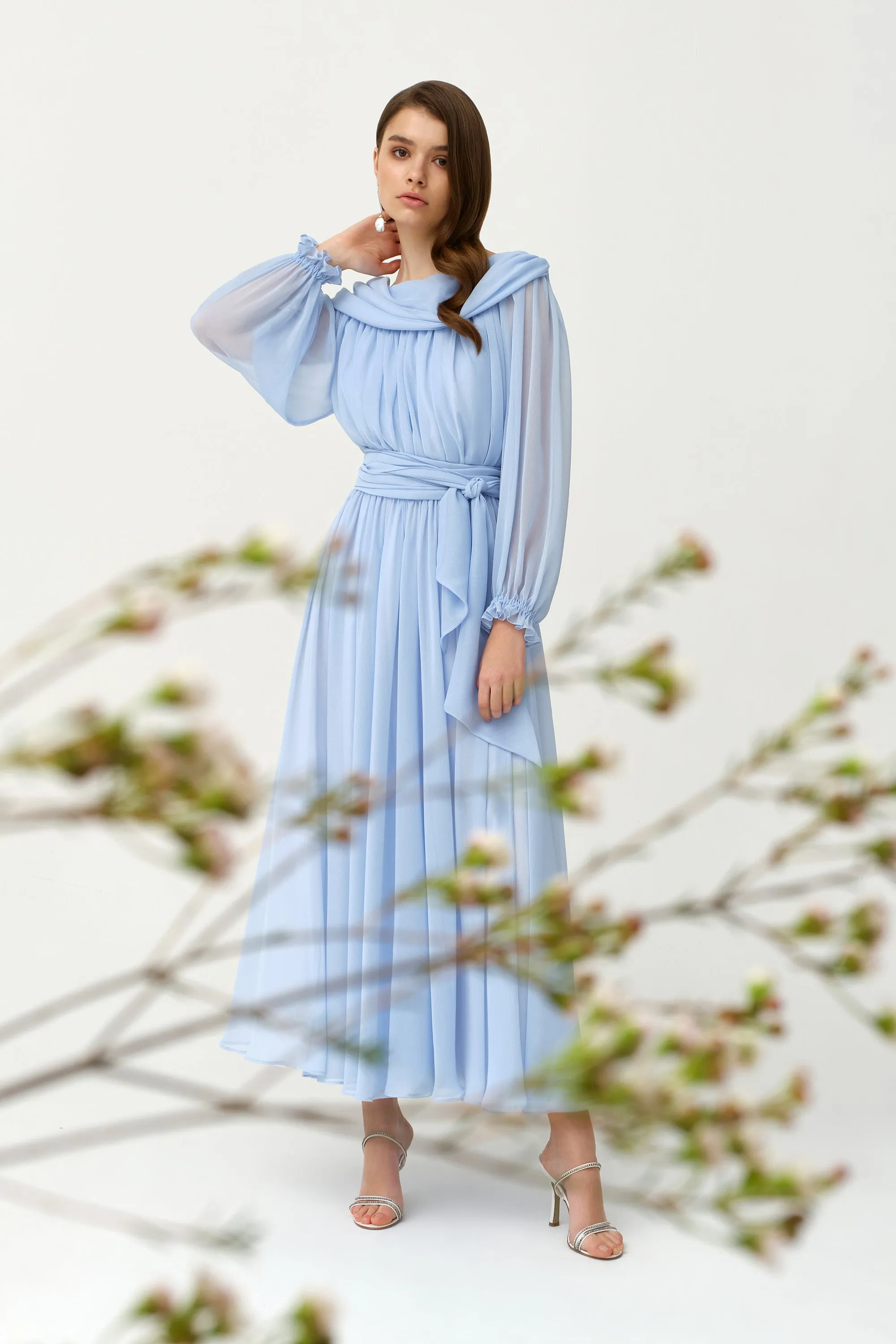 Light Blue Chiffon Long Fancy Pleated Kaftan - NW-NO.4